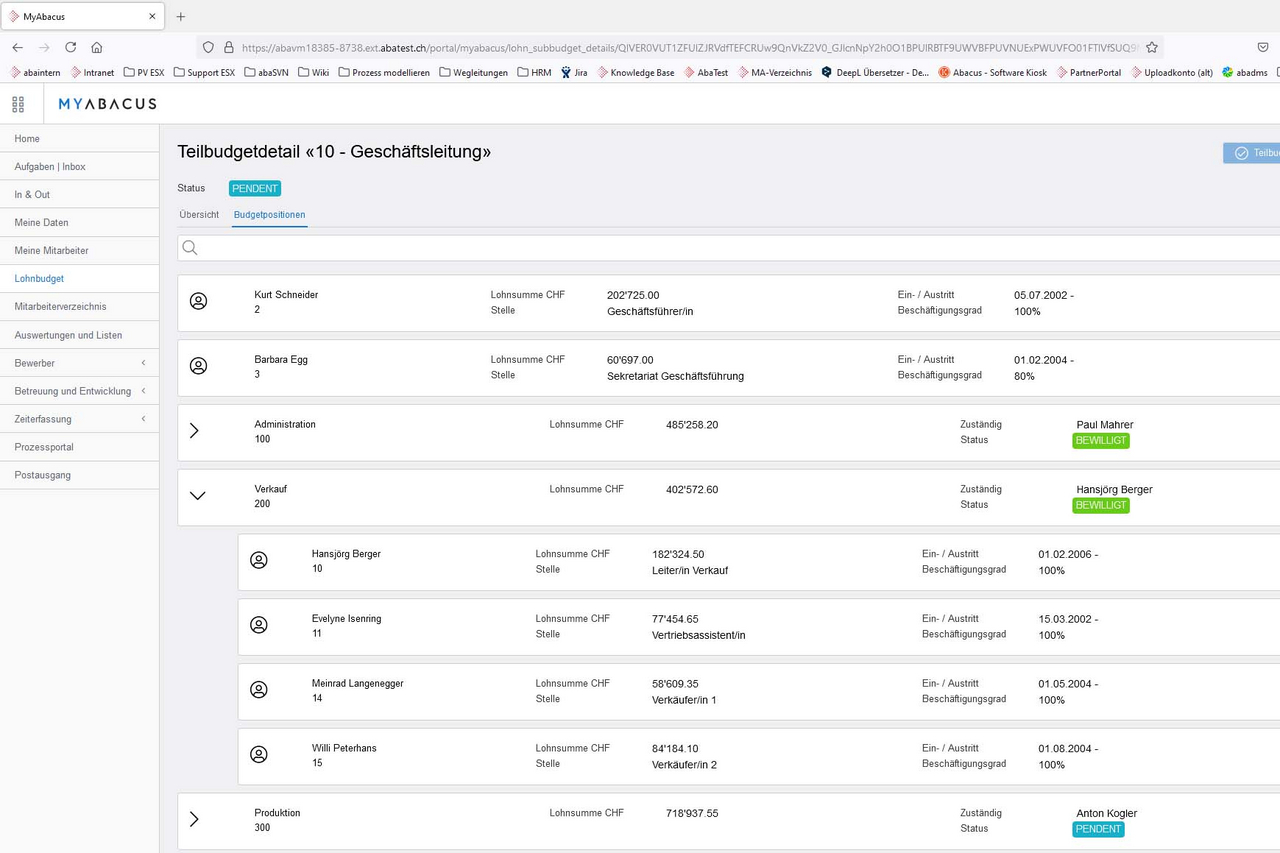 In der Detailansicht lassen sich untergeordnete Teilbudgets anzeigen und Daten von Mitarbeitenden und Stellen bearbeiten.
